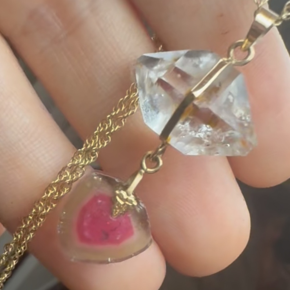 Rare solid 14k gold genuine watermelon tourmaline/herkimer diamond necklace$1890 - Picture 7 of 14